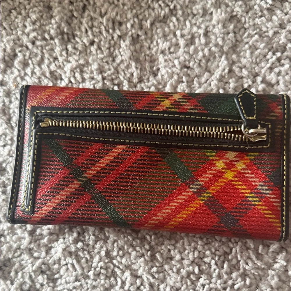 Dooney & Bourke Red Plaid Tartan Trifold Wallet with Leather Trim - Picture 4 of 11